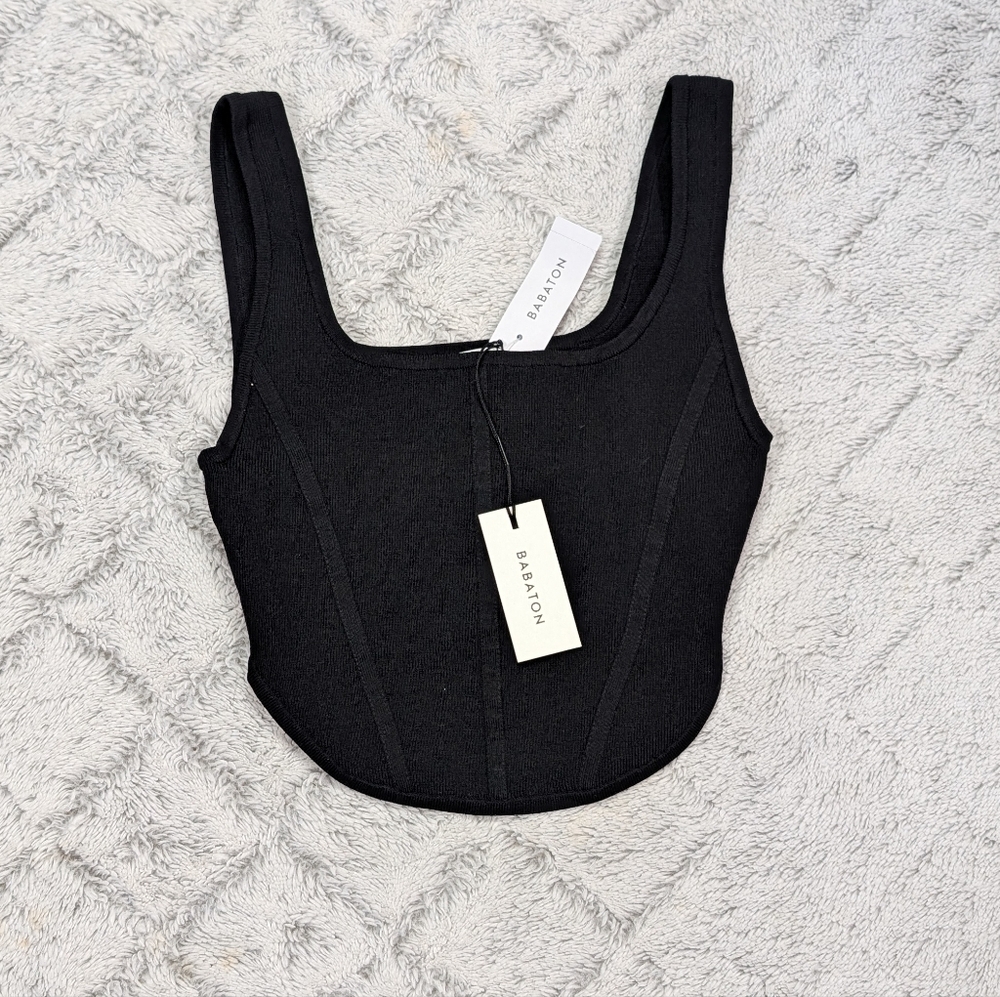 Babaton Top Womens XS Black Sculpt Knit Bustier Cropped Round Hem Bodycon NEW